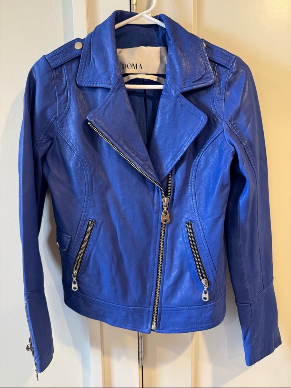 Doma Electric Blue Asymmetrical Leather Moto Jacket